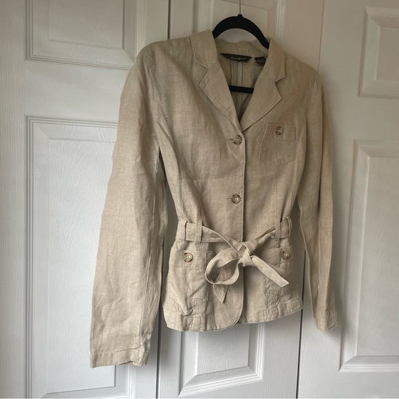 Eddie Bauer 100% linen khaki belted button up blazer blouse size 8 petite - Picture 4 of 10
